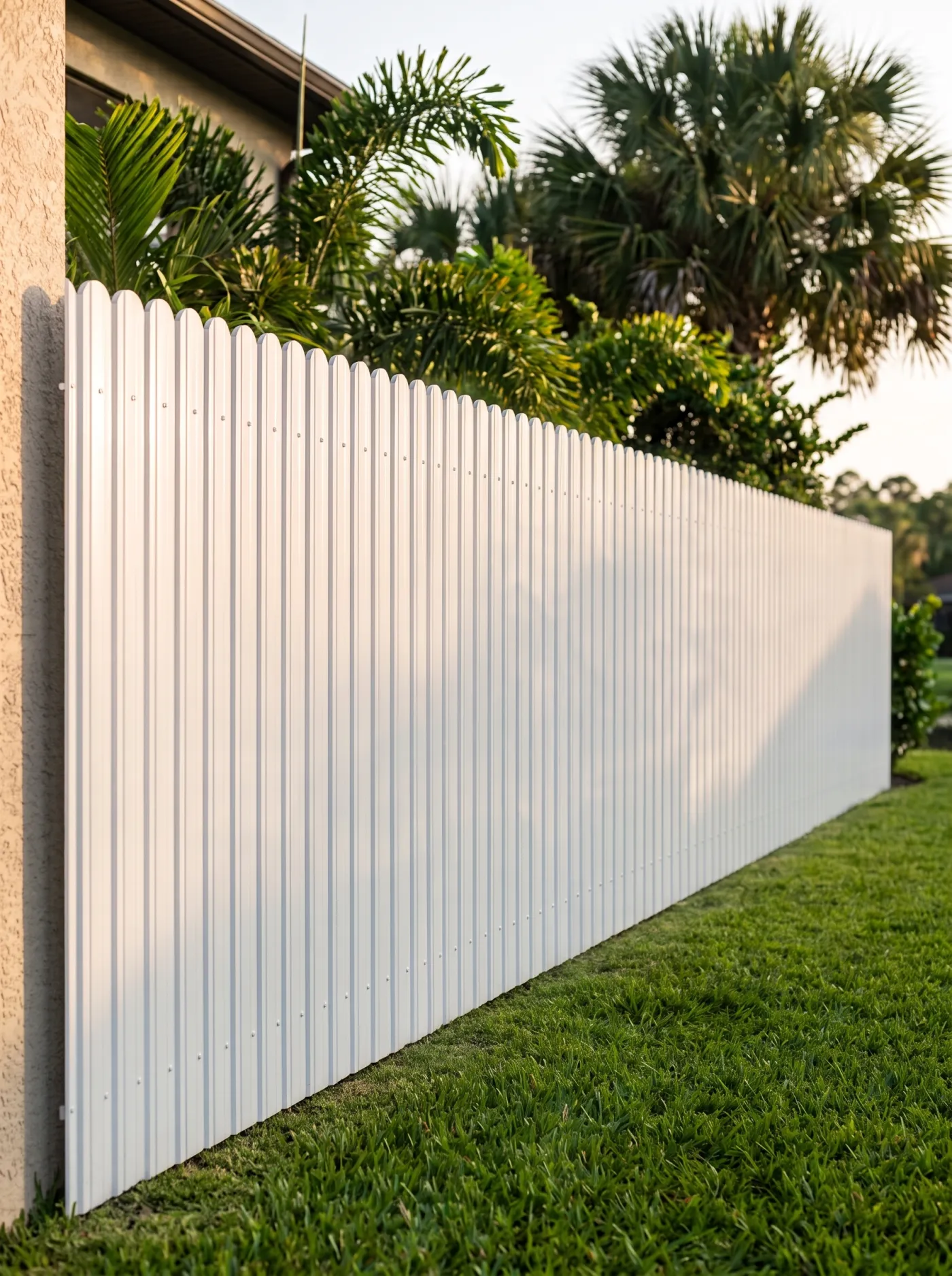 A white steel privacy fence with close-set vertical slats running along a Florida side yard.